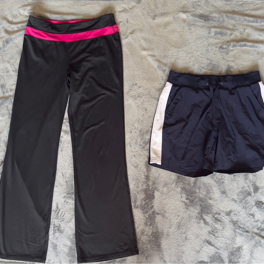 Black and Pink Athletic Pants and Navy and White athletic Shorts
